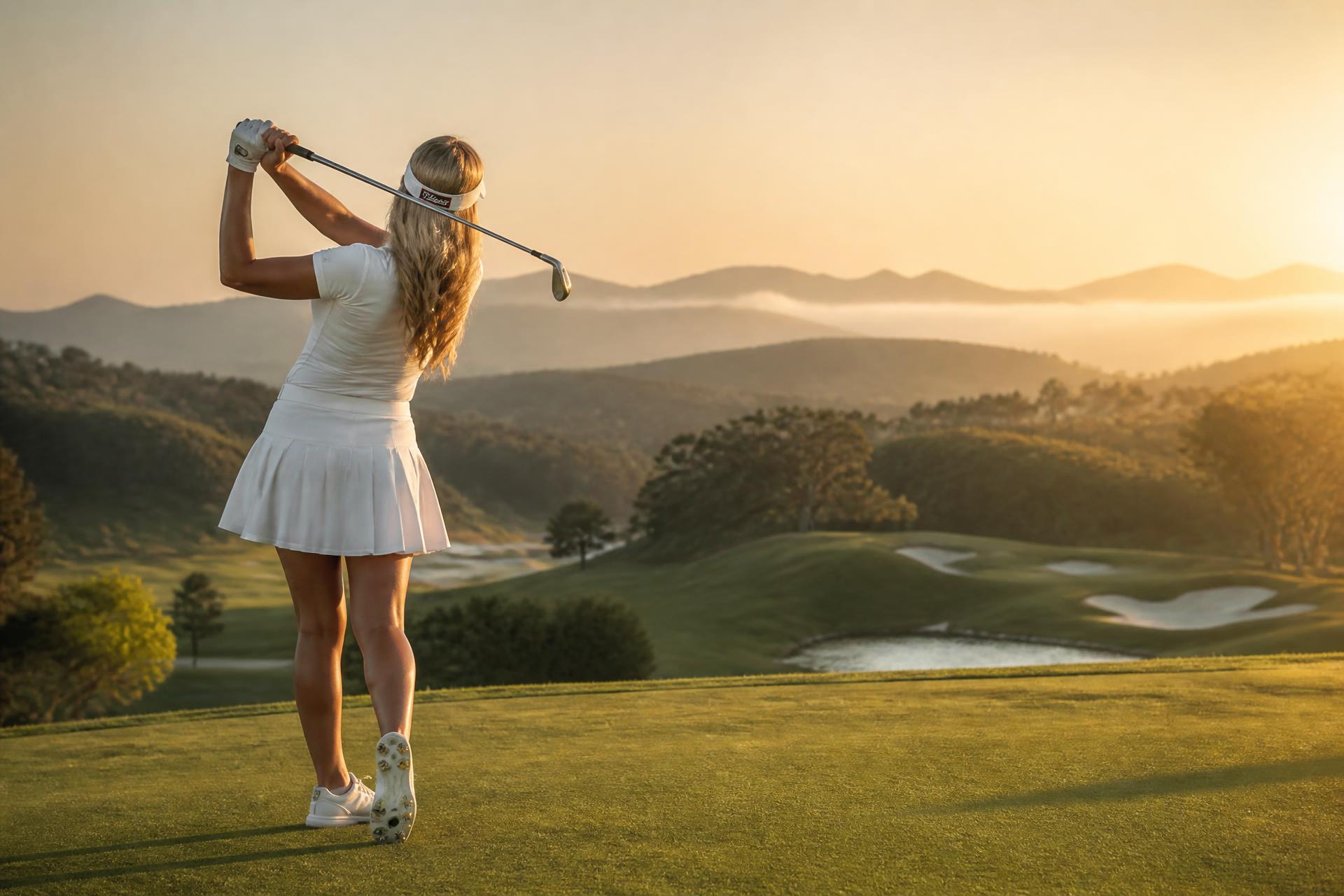 Mathilde Ostrowski, coach de golf, sur un parcours au lever du soleil